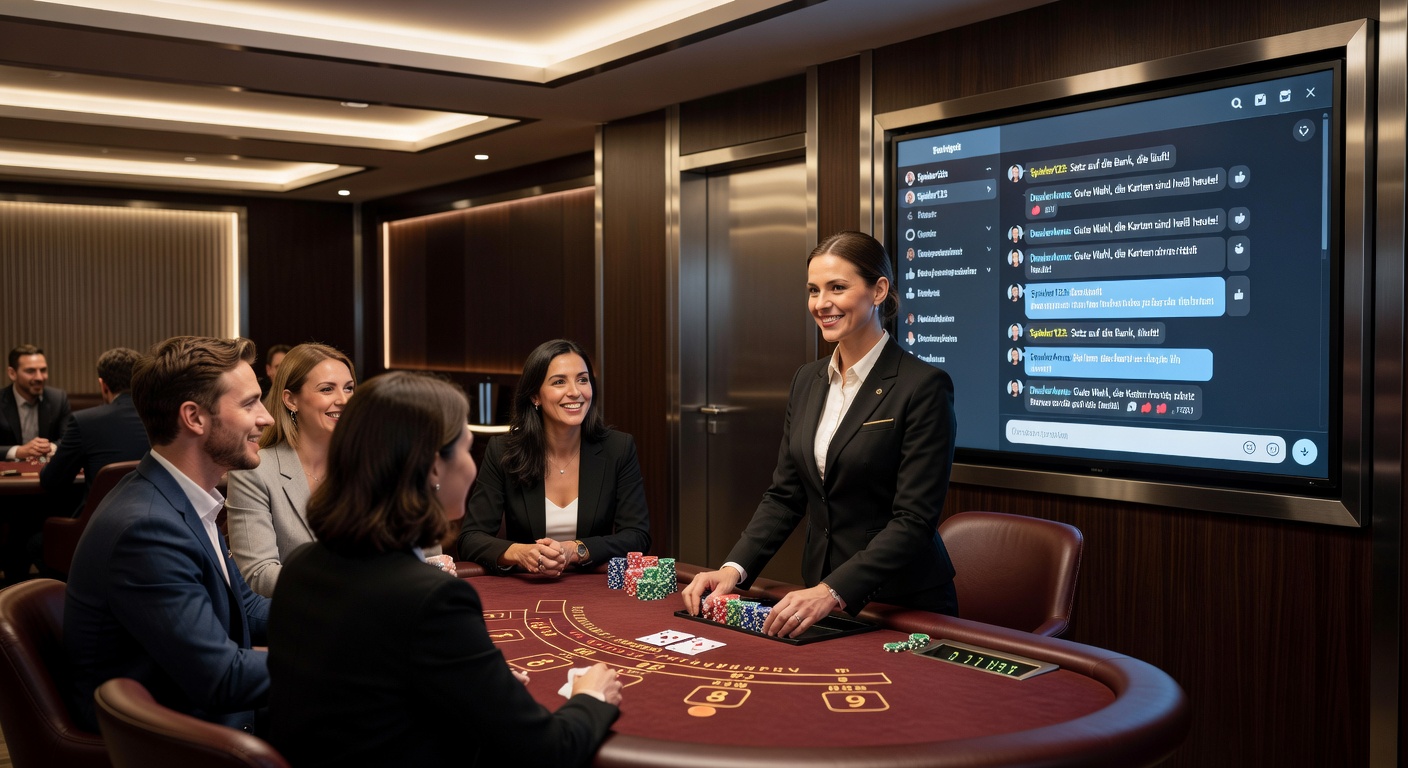Spieler chatten lebhaft in einem Live-Baccarat-Tisch, während der Dealer Karten verteilt und lächelt