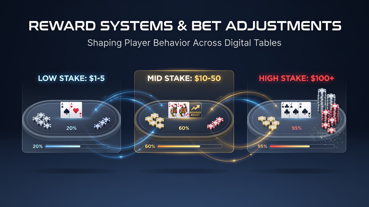 Digitale Kartentische mit variablen Einsatzgrenzen und Belohnungsanzeigen in einer Live-Casino-Umgebung
