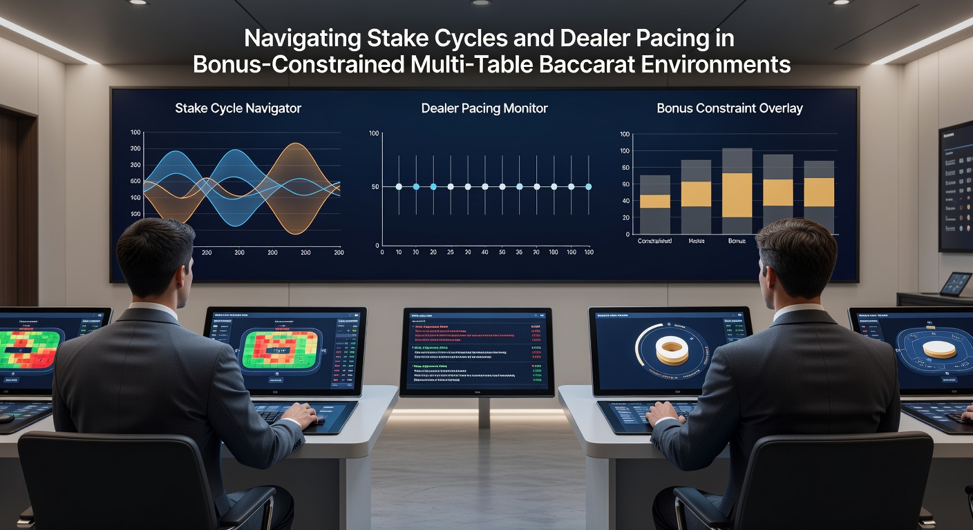 Multi-Table-Baccarat-Setup mit Stake-Cycle-Diagrammen und Dealer-Interaktionen in einer Live-Umgebung